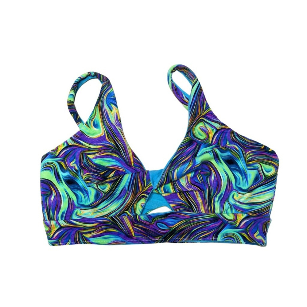 Handmade Twist Bra Marble Abstract Swirl |Blue Aqua Cotton Activewear Top- Small